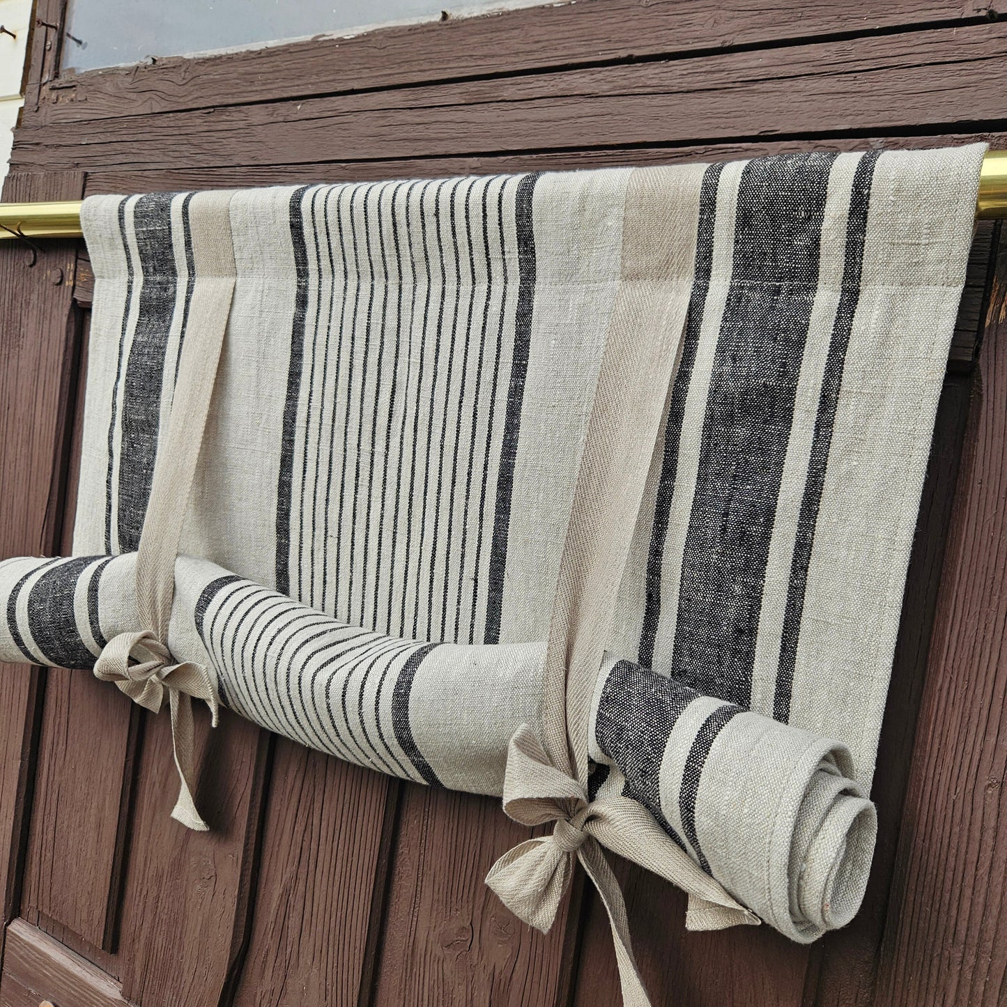Striped Linen curtains valance with tie up , french farmhouse kitchen door curtains  in custom size green stripes