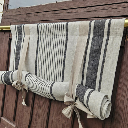 Striped Linen curtains valance with tie up , french farmhouse kitchen door curtains  in custom size green stripes