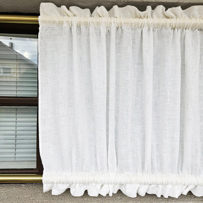 White linen Cafe Curtains in sheer linen, kitchen curtains with top and bottom rod pocket Farmhous window panel, window curtain custom size