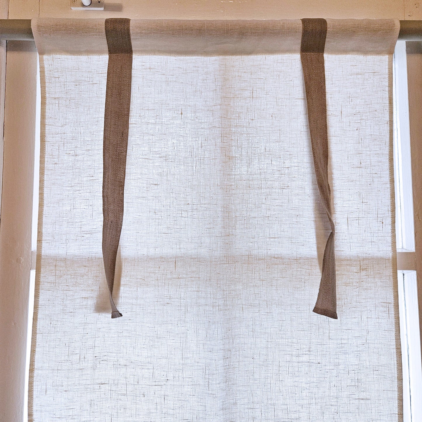 Linen curtains valance with tie up, farmhouse kitchen curtains in white with natur ties