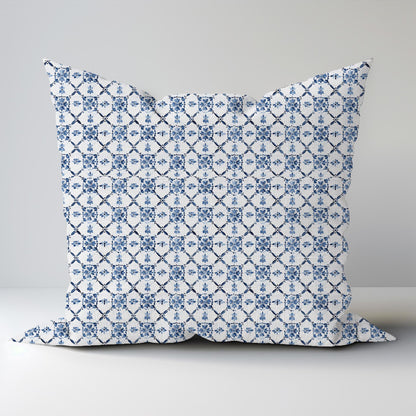 Swedish blue white Linen Pillow Cover -  Scandinavian tiles print on linen  Pillow - Contemporary indigo blue Block printed pillow on flax