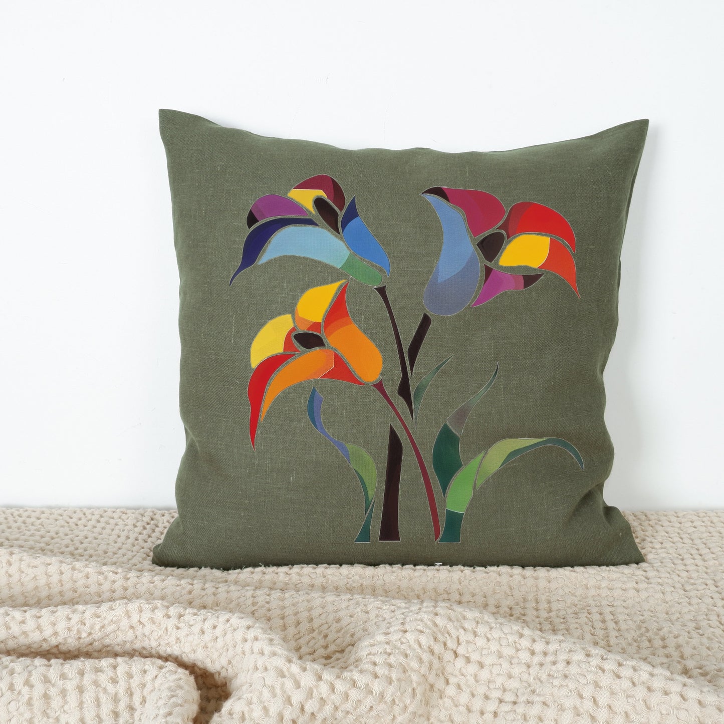 SALE LINEN Cushion cover with tulips print for contempory style , decorative linen pillow cover with art print, Housewarming Gift