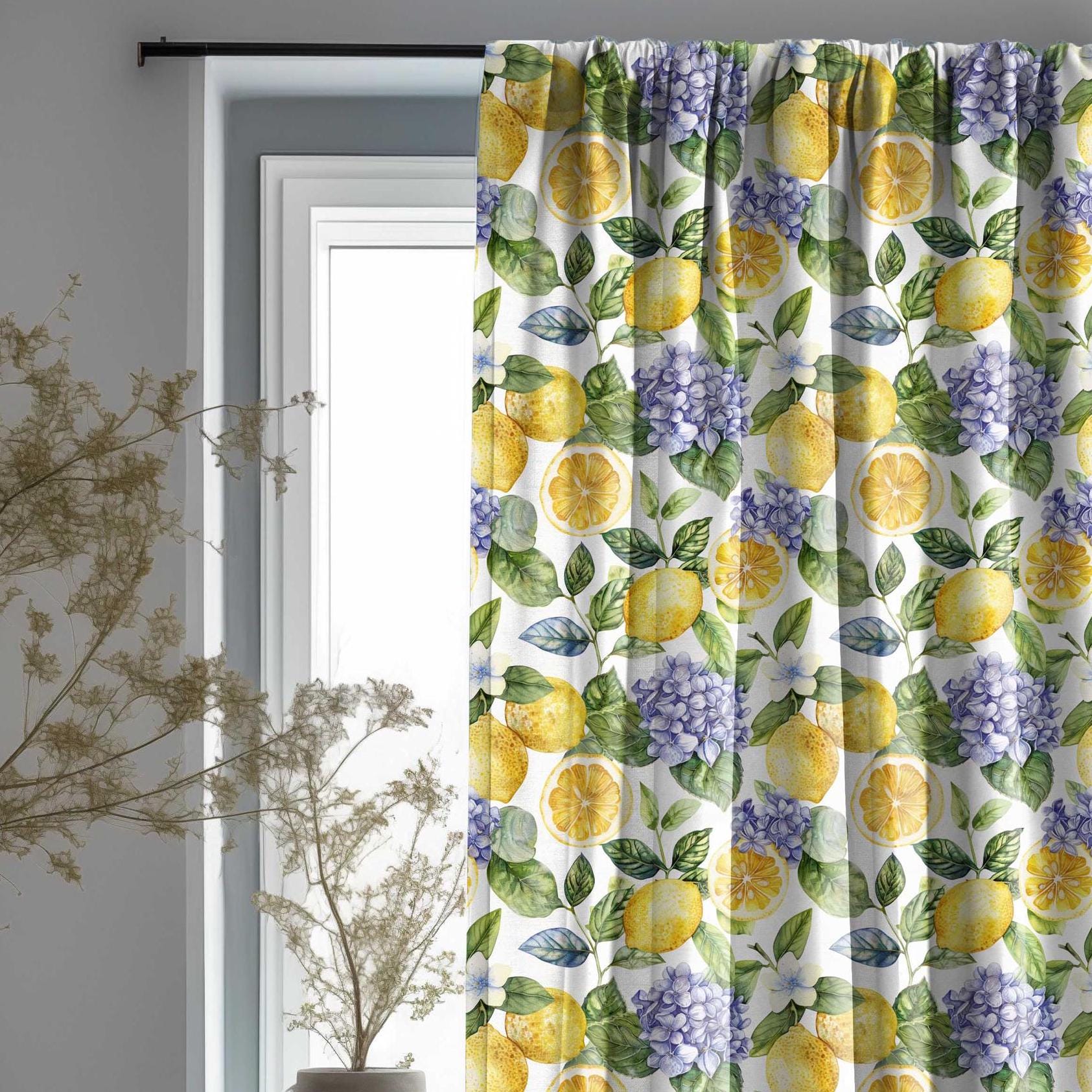 Floral Curtain Panel Lemon and Hydragena, Floral Botanical Print Curtains Panels in custom size, Botanical Curtains for living room