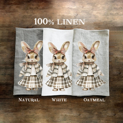 Bunny Tea Towel in linen, Rabbit Hand Towels Tea, Eastern Dish Towel, Holiday Kitchen Décor Tea Towel