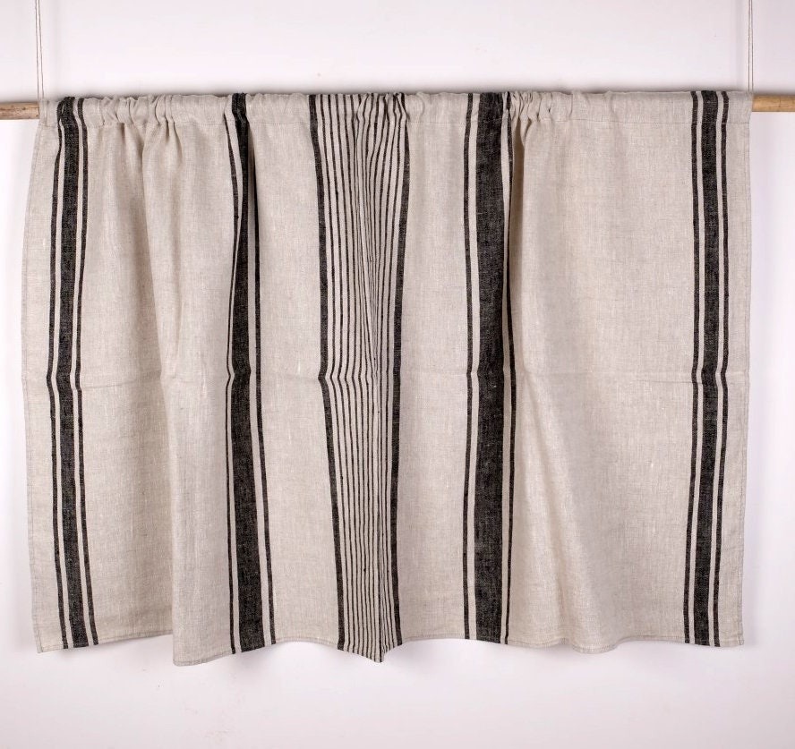 Curtains 100% Linen striped PREWASHED  - window panel. kitchen Living room farmhouse curtains. Grain Sack flax blue black stripes
