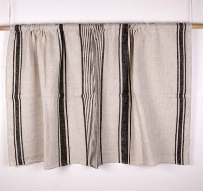 Curtains 100% Linen striped PREWASHED  - window panel. kitchen Living room farmhouse curtains. Grain Sack flax blue black stripes