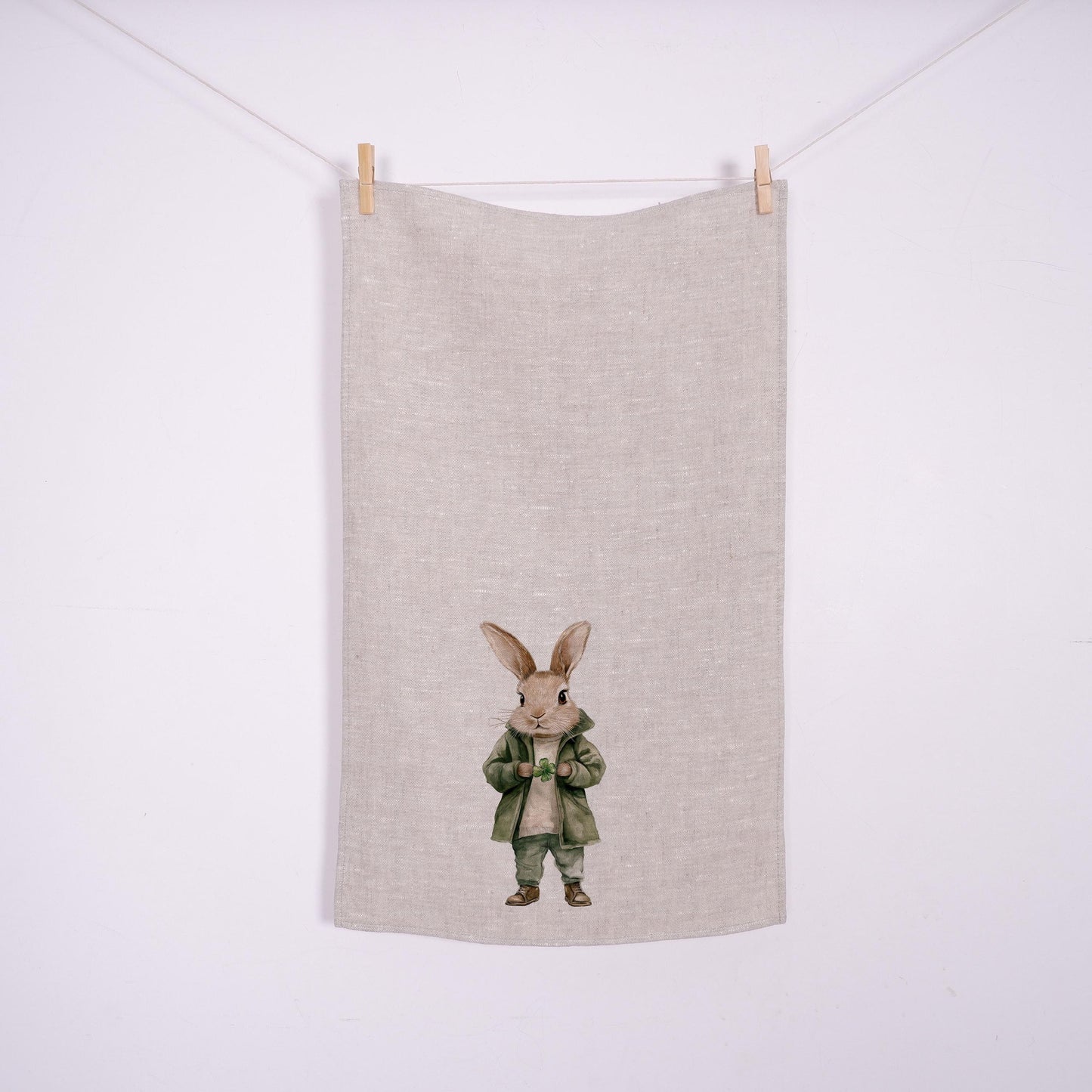 Bunny Floral Tea Towel in linen - rabbit with four clover Hand Towels Tea - Farmhouse Floral Dish Towel - Easter Décor Kitchen Tea Towel