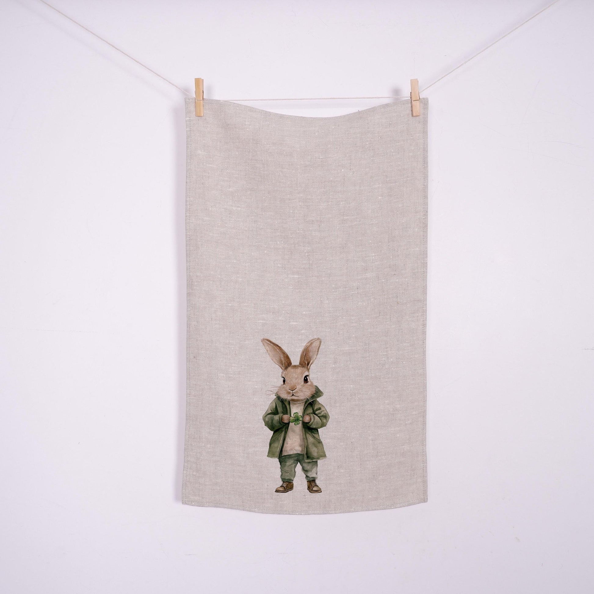 Bunny Floral Tea Towel in linen - rabbit with four clover Hand Towels Tea - Farmhouse Floral Dish Towel - Easter Décor Kitchen Tea Towel