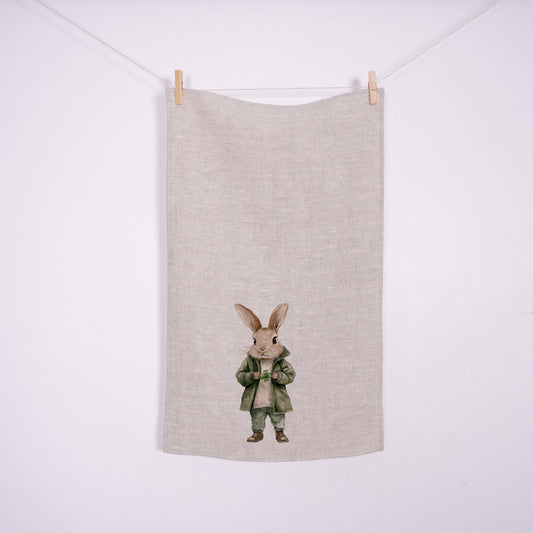 Bunny Floral Tea Towel in linen - rabbit with four clover Hand Towels Tea - Farmhouse Floral Dish Towel - Easter Décor Kitchen Tea Towel