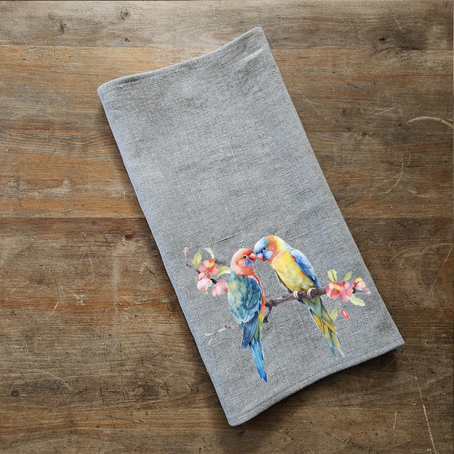 Friendship Tea Towel in linen - Hand Towels Tea with Birds - Dish Towel Kitchen Décor Festive season Christmas Friends Parrot love