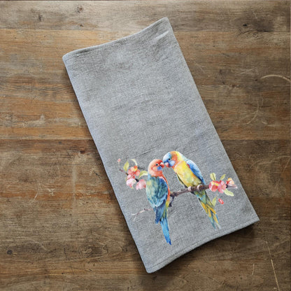 Friendship Tea Towel in linen - Hand Towels Tea with Birds - Dish Towel Kitchen Décor Festive season Christmas Friends Parrot love