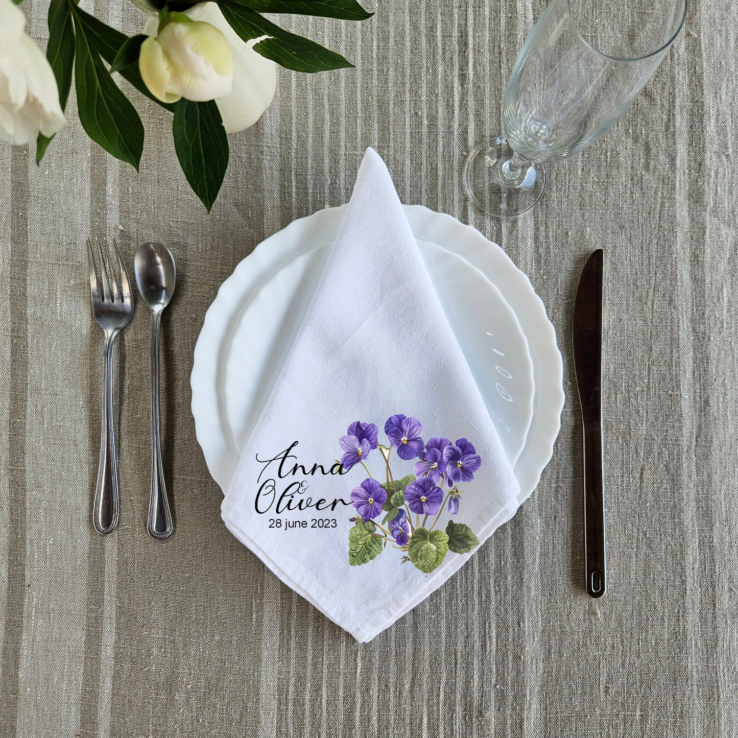 Custom Design White Cloth Cocktail Napkins with roses print, luxury weddings menu napkins in linen, Custom Names Napkins with roses