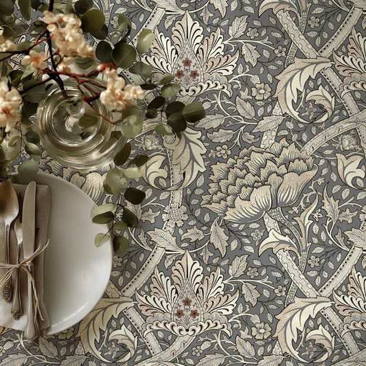 Linen tablecloth gray floral - William Morris Windrush table cloth -  Modern vintage heritage linen decor for dinning