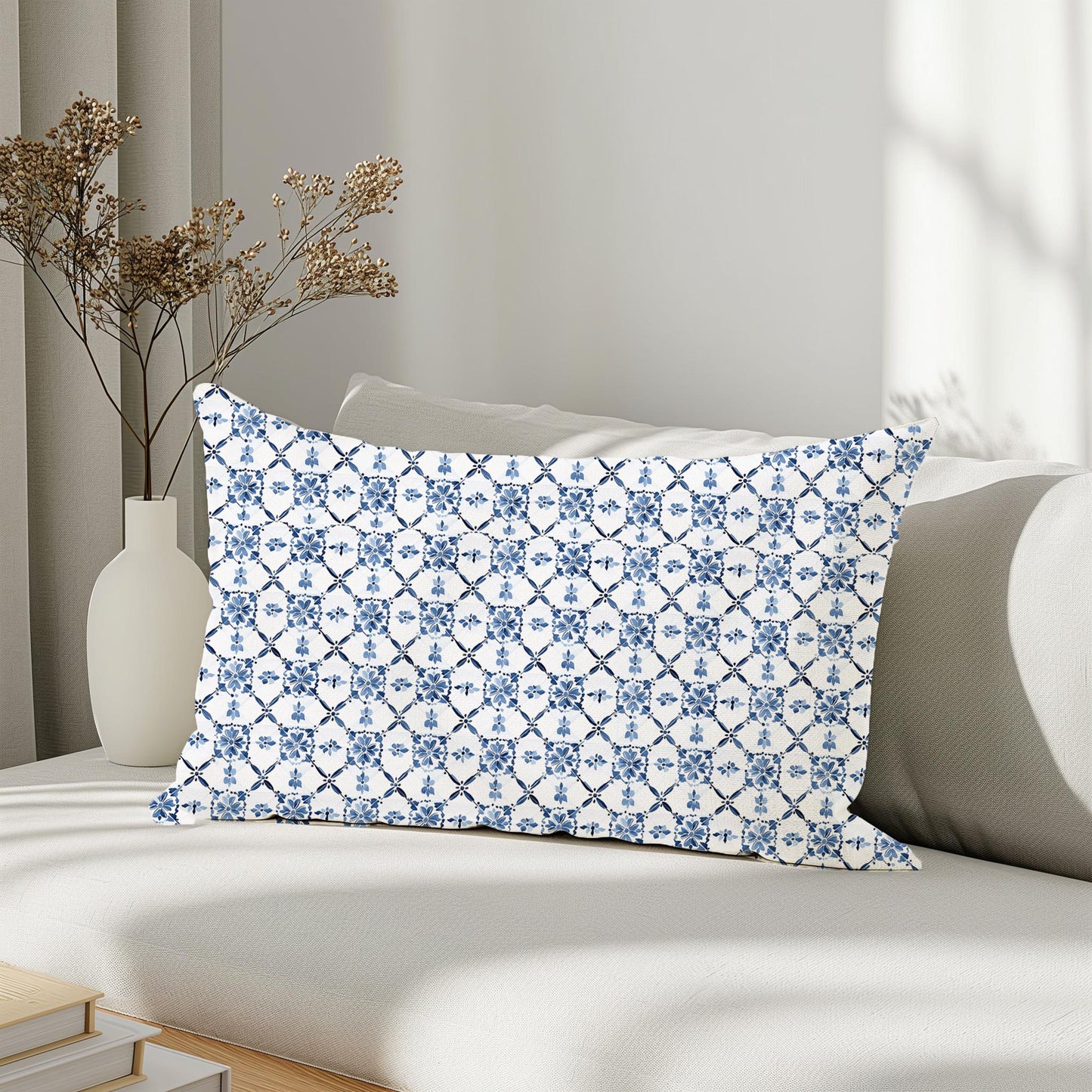 Swedish blue white Linen Pillow Cover -  Scandinavian tiles print on linen  Pillow - Contemporary indigo blue Block printed pillow on flax