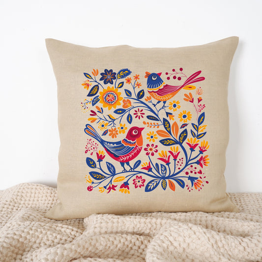 SALE LINEN Cushion cover Nordic folk art beige , decorative linen pillow cover , Floral Summer Woodland Cushion Housewarming Gift