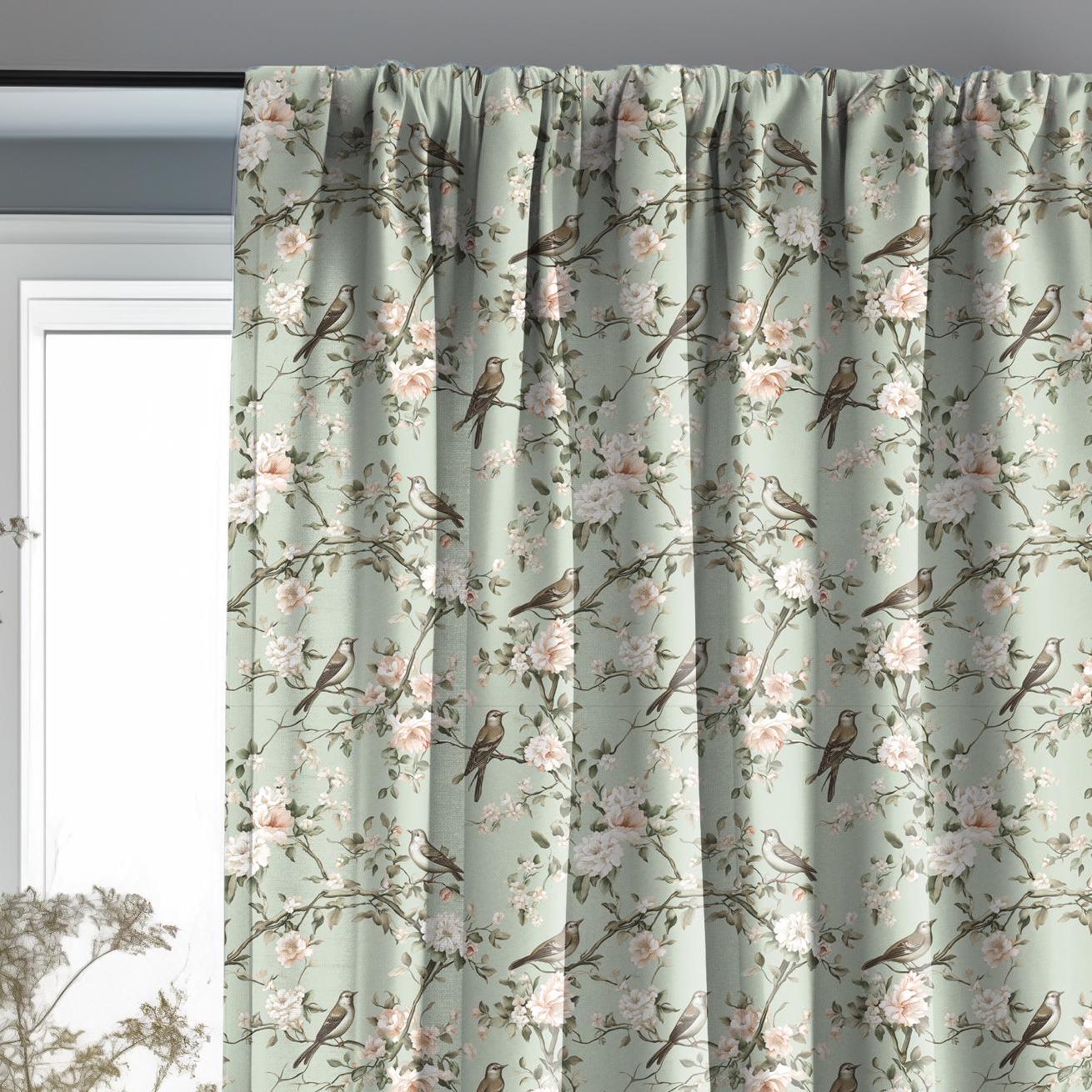 Curtains 100% Linen Toile de jouy Pale green Brids print PREWASHED - kitchen Living room farmhouse linen window panel