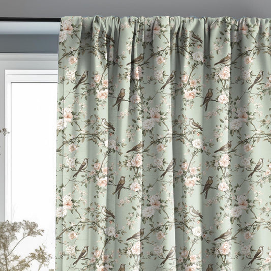 Curtains 100% Linen Toile de jouy Pale green Brids print PREWASHED - kitchen Living room farmhouse linen window panel