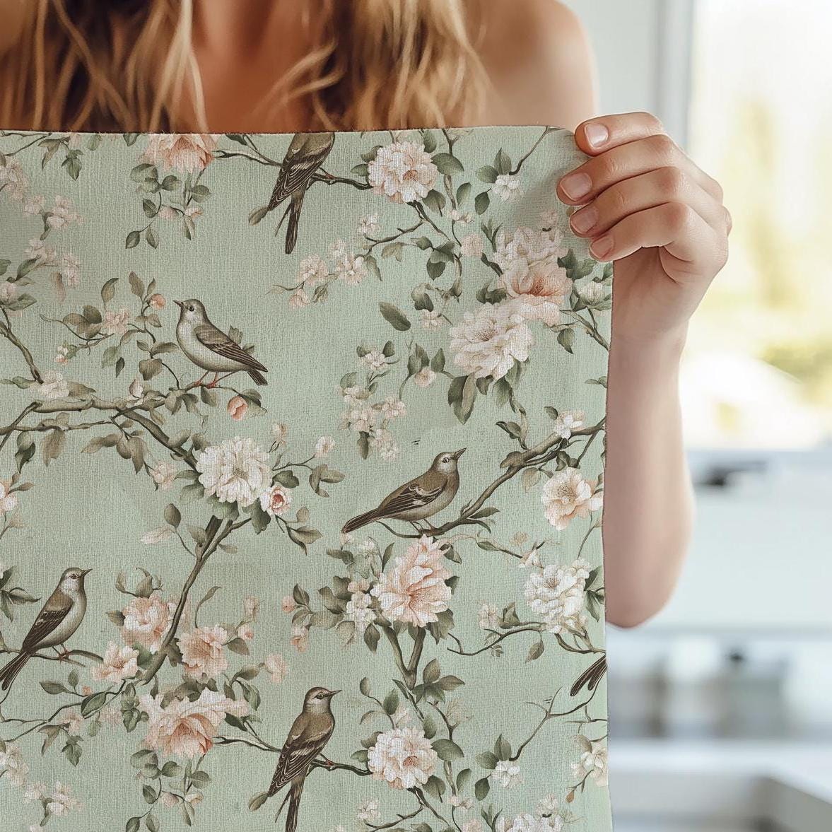 Toile de jouy Tea Towel in linen - floral blossom print Hand Tea towels - Farmhouse Dish Décor Kitchen Towel  tree blossom with birds