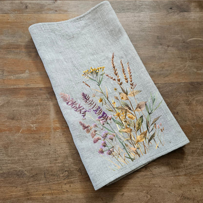 violet floral Tea Towel in linen, Botanical Hand Towels Tea in linen, meadow flowers linen  Dish Towel  Kitchen Décor Tea Towel in linen