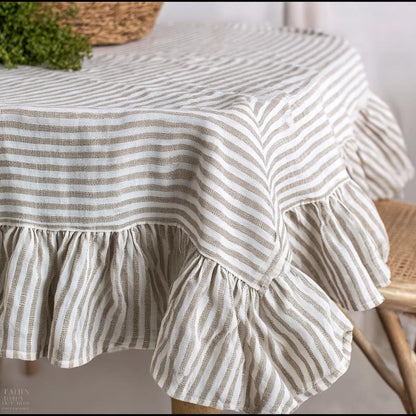 100% Linen tablecloth with RUFFLES - PREWASHED French cloth rustic country style - Farmhouse Shabby chic table decor - striped tanned white