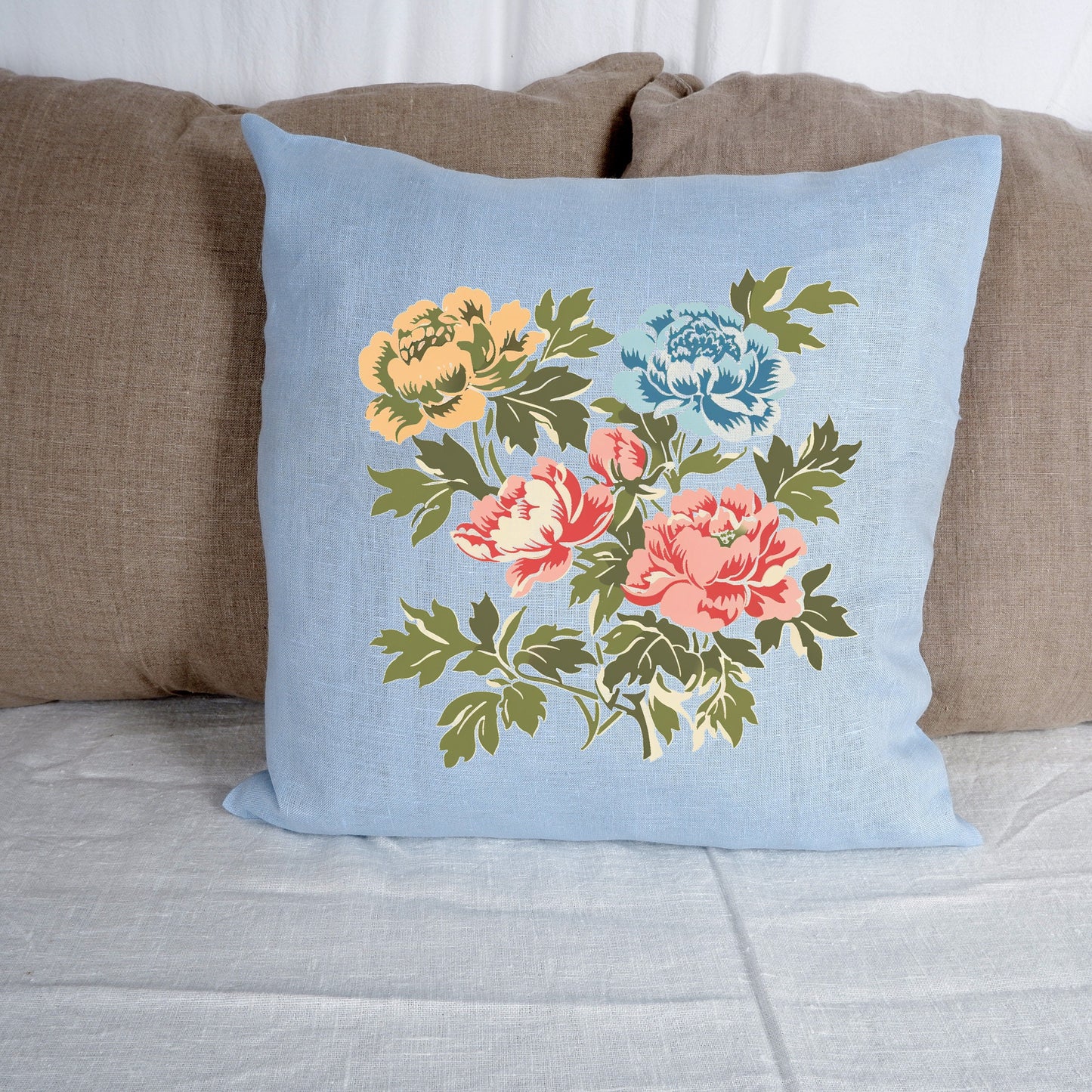 SALE LINEN Cushion cover with peony print , decorative linen pillow cover with folk art print , Floral Housewarming Gift