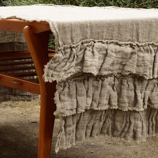 Linen runner - french sack linen. With ruffles. Natural Rustic linen Cottage farmhouse country style linen. Stonewashed. 100% linen Burlap
