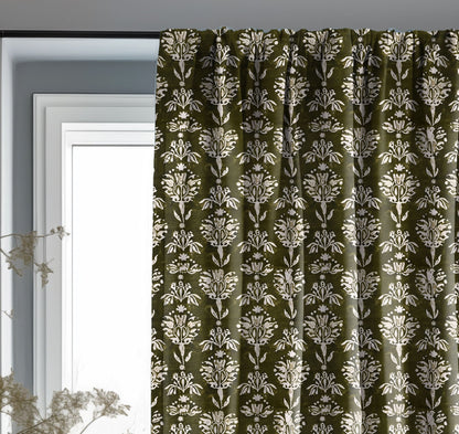 Designer green Floral Linen curtains, olive  green Boho curtain panel, Farmhouse Block printed curtains for living room