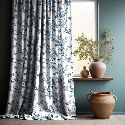 Designer blue Floral Linen curtains, indigo blue French Toile de joy curtain panel, Farmhouse Botanical printed curtains for living room