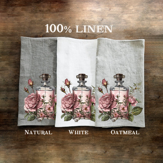 Pink Parfum Tea Towel in linen, floral roses Hand Towels Tea, black Frech Dish Towel, botanical parfum Kitchen Décor Tea Towel