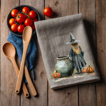 Halloween Tea Towel in linen, Pumpkins Hand Towels Tea in linen, cats linen  Dish Towel, witch hat Kitchen Décor Tea Towel in linen