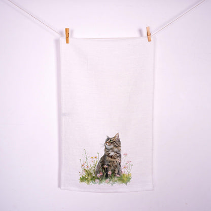 Cat in meadow Towel in linen - blue white block print Hand Tea towels - Farmhouse Floral Dish Décor Kitchen Towel with brids on trees