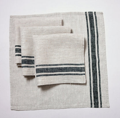 Linen napkins - French linen. Natural black striped. Cottage, coutry style linen. Set of linen napkins. Stonewashed. Linen cloth napkins.