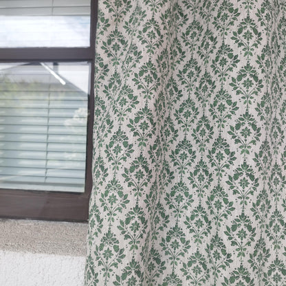 Gardiner 100 % linne med grönt blocktryck FÖRTVÄTTAT. Gardiner för kök, vardagsrum, lantlig stil. Blommig linnepanel för sovrum.