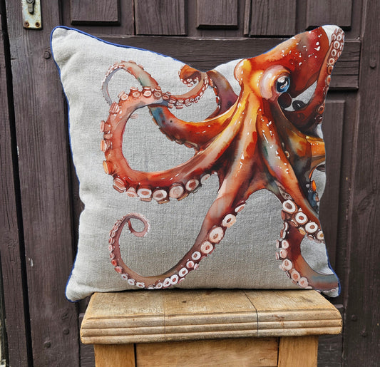Octopus Throw Pillow,  Coastal Decor cushion cover, Nautical Cushion in  Linen, Octopus linen pillow case, French country linen Cottage