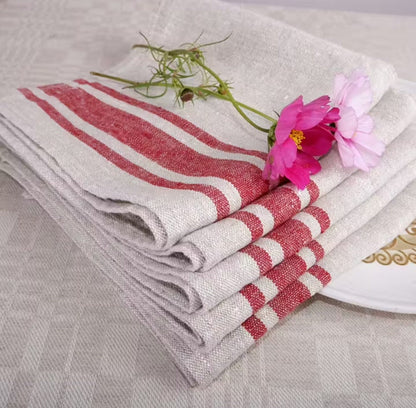 Linen napkins - French linen. Natural red striped. Sack linen Cottage coutry style. Set of linen napkins. Stonewashed. Linen cloth napkins.
