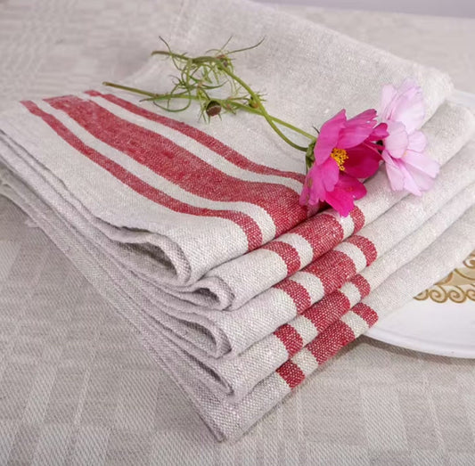 Linen napkins - French linen. Natural red striped. Sack linen Cottage coutry style. Set of linen napkins. Stonewashed. Linen cloth napkins.