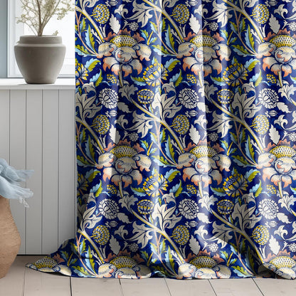 William Morris Curtain WEY, Floral Botanical Blue Print Curtain Panels,  Curtains for living room