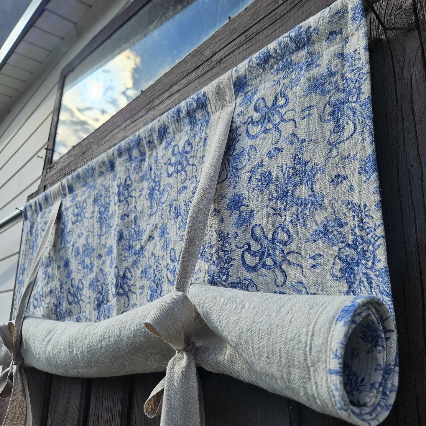 Linen curtains valance with tie up Octopus print -  Nautical farmhouse kitchen door curtains  in custom size with print