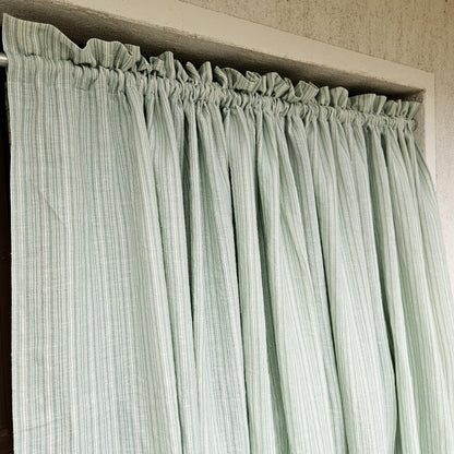 Curtains 100% Linen with French striped block print green pattern PREWASHED - kitchen Living room farmhouse window panel french linen