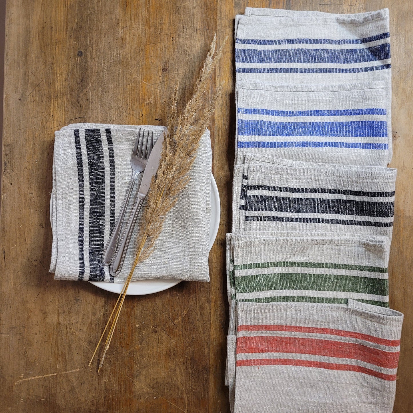 Linen napkins - French linen. Natural blue striped. Sack linen Cottage coutry style. Set of linen napkins. Stonewashed. Linen cloth napkins.
