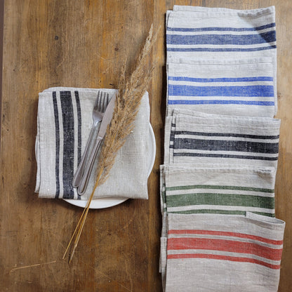 Linen napkins - French linen. Natural blue striped. Sack linen Cottage coutry style. Set of linen napkins. Stonewashed. Linen cloth napkins.