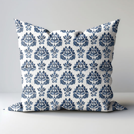 Modern indigo linen Floral Pillow Cover, white blue Boho Pillow block print on linen, Coutrynome block printed pillow case in European flax