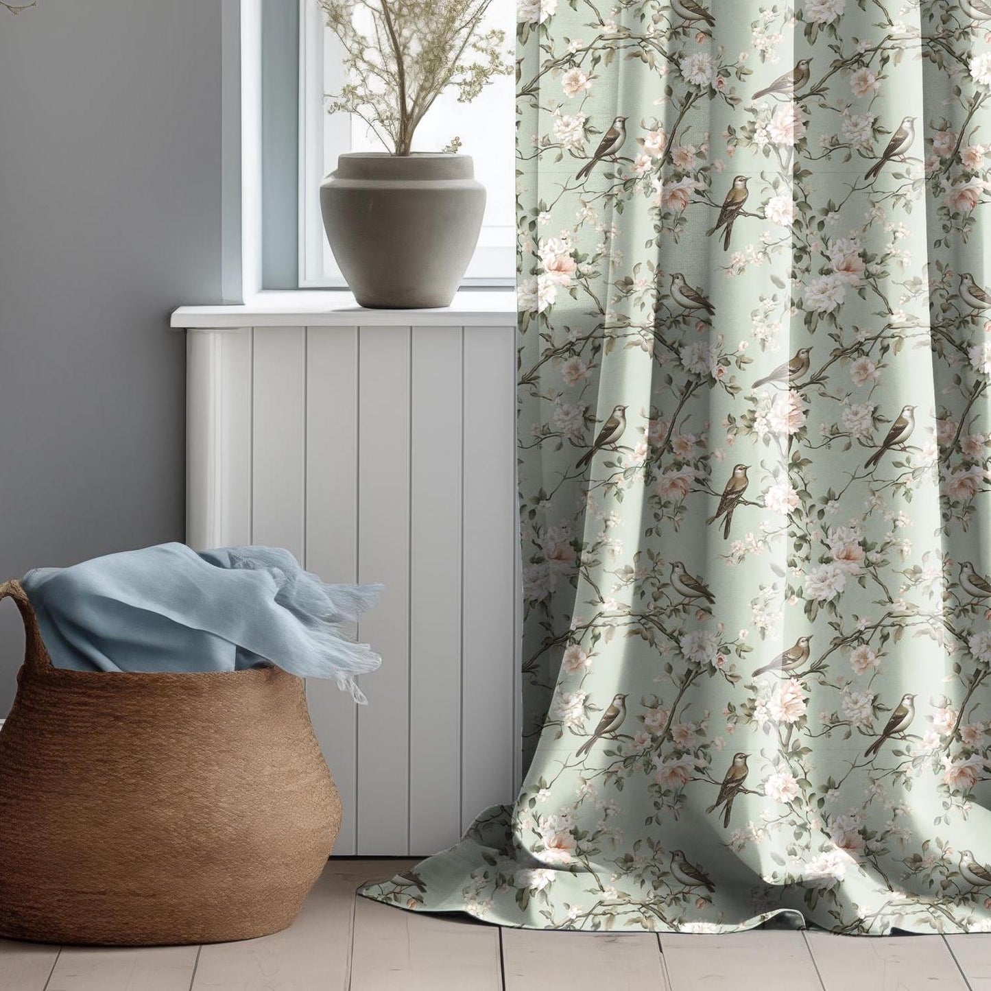 Curtains 100% Linen Toile de jouy Pale green Brids print PREWASHED - kitchen Living room farmhouse linen window panel