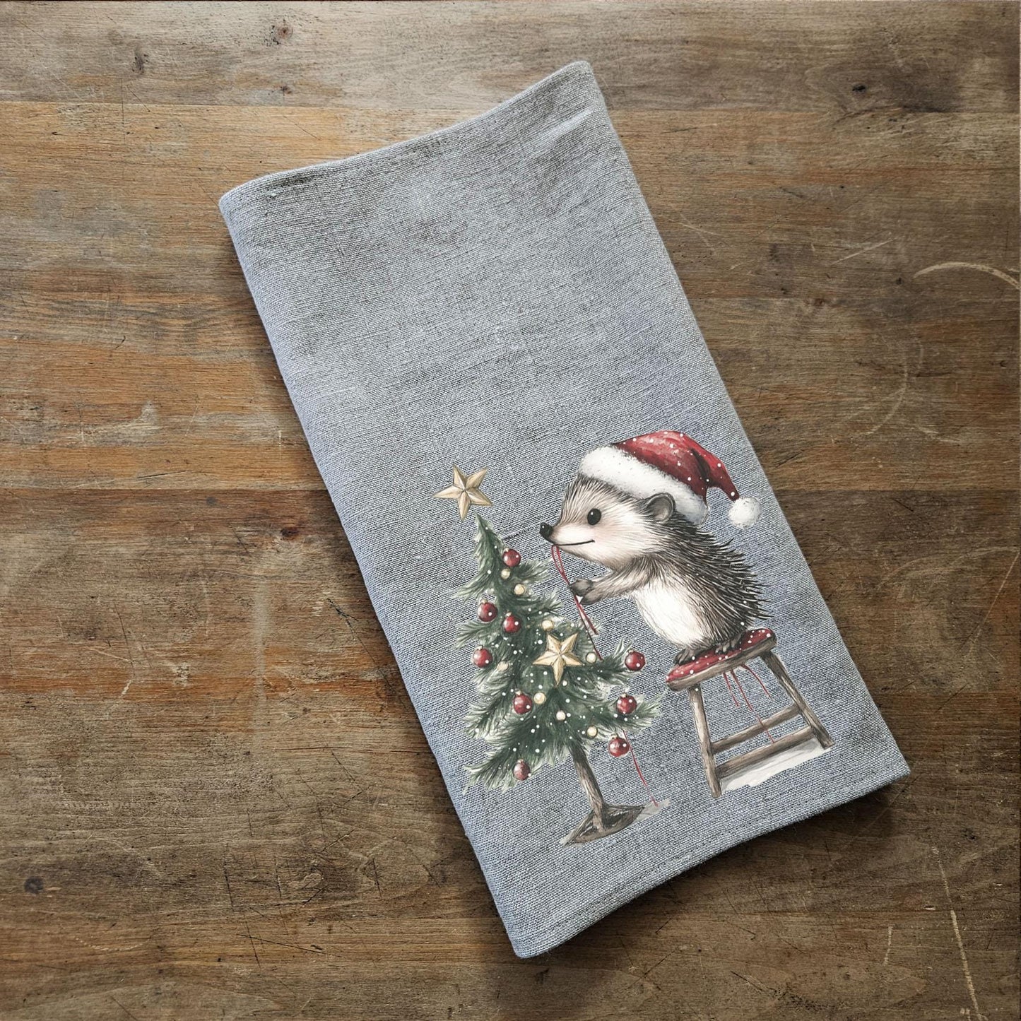 Christmas Tea Towel in linen, Christmas treen and hedgehog Hand Towels Tea in linen, artistic linen Dish  Kitchen Décor Tea Towel in linen