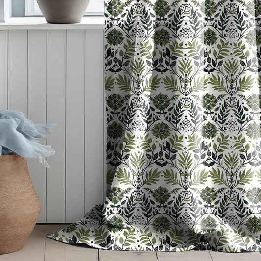 Modern vintage Curtains 100% Linen with botanical block print in green on white linen - kitchen Living room farmhouse linen window panel
