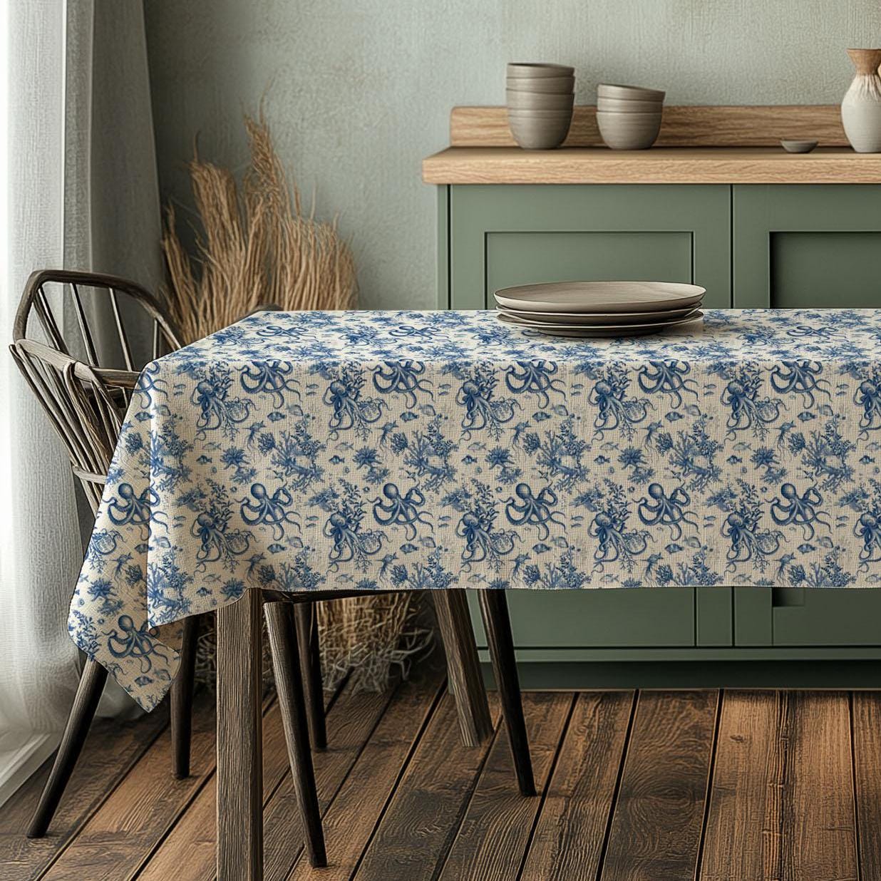 100% Linen tablecloth Blue Coastal with octopus print - French Coastal Vintage table cloth - Nautical indigo Blue Toile de jouy linen