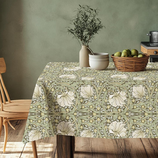 Linen tablecloth floral blue - William Morris Pimpernel green table cloth - English heritage Victorian arts and crafts