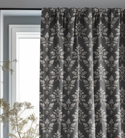 Designer gray Floral Linen curtains, grey neutral Boho curtain panel, Farmhouse Block printed curtains for living room botanical