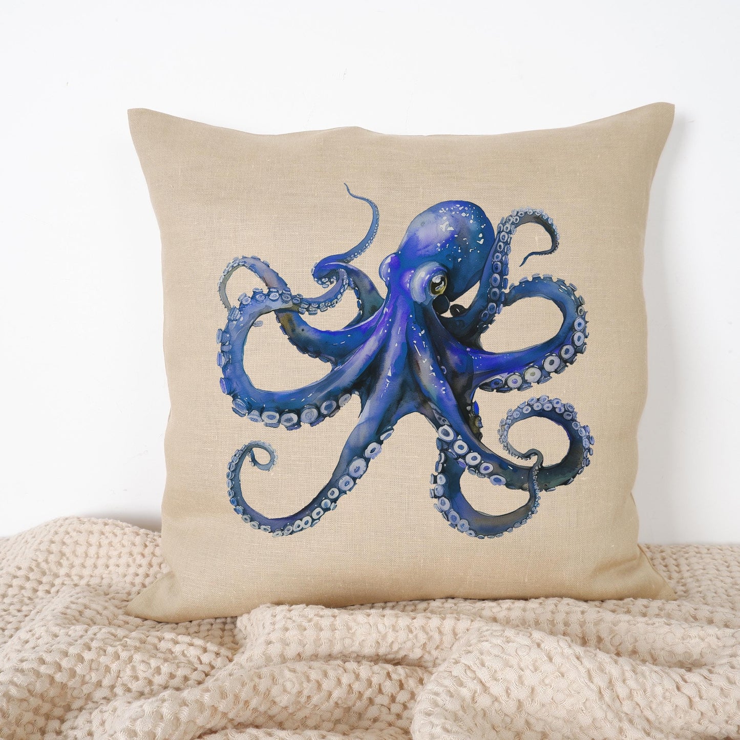 LINEN Cushion cover with Octopus print / Marine decorative linen pillow cover / Coastal marine decor Cushion Housewarming Gift