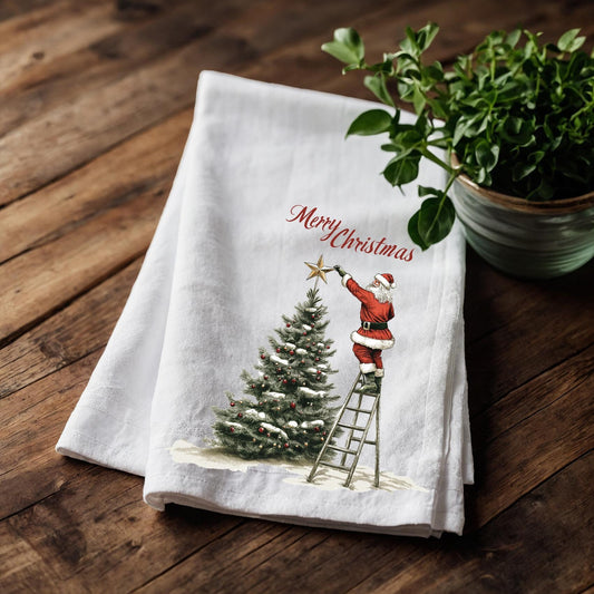 Christmas Tree Tea Towel in linen, Santa Claus Hand Towels Tea in linen Dish Holiday Kitchen Feliz Navidad Frohe Weinachten Merry Christmas